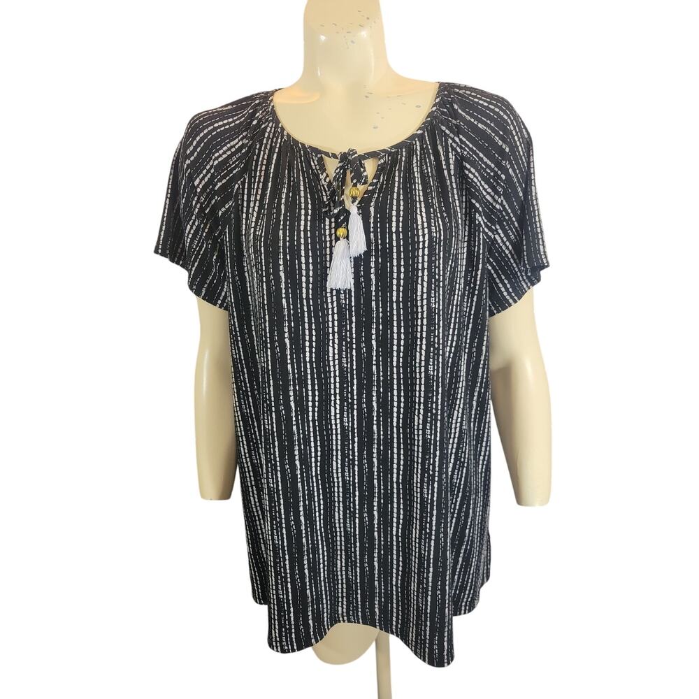 Rafaella  Short Sleeve Blouse‎ top  Black & White Striped Tassled Medium